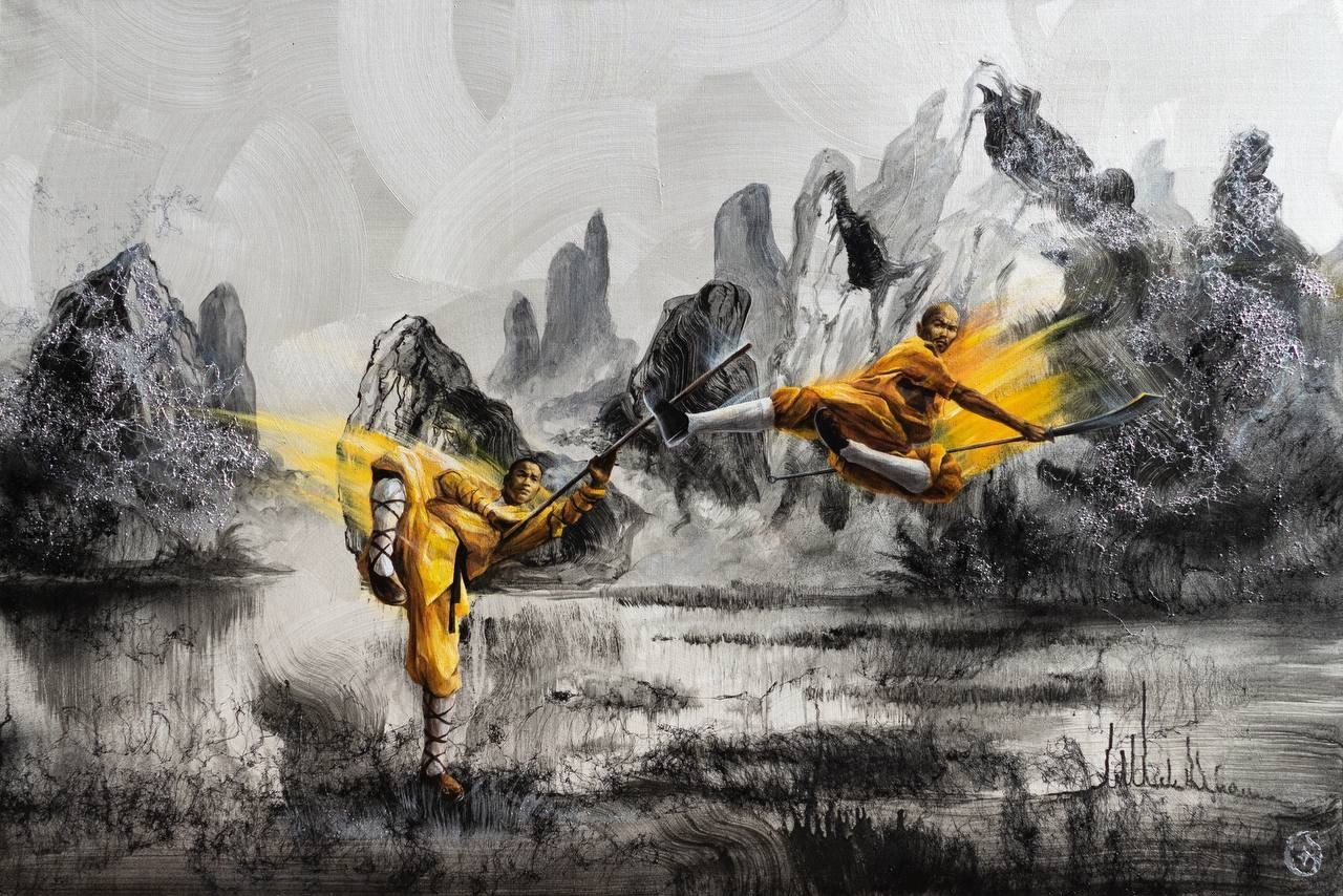 Shaolin, two strikes — Mixed media on canvas