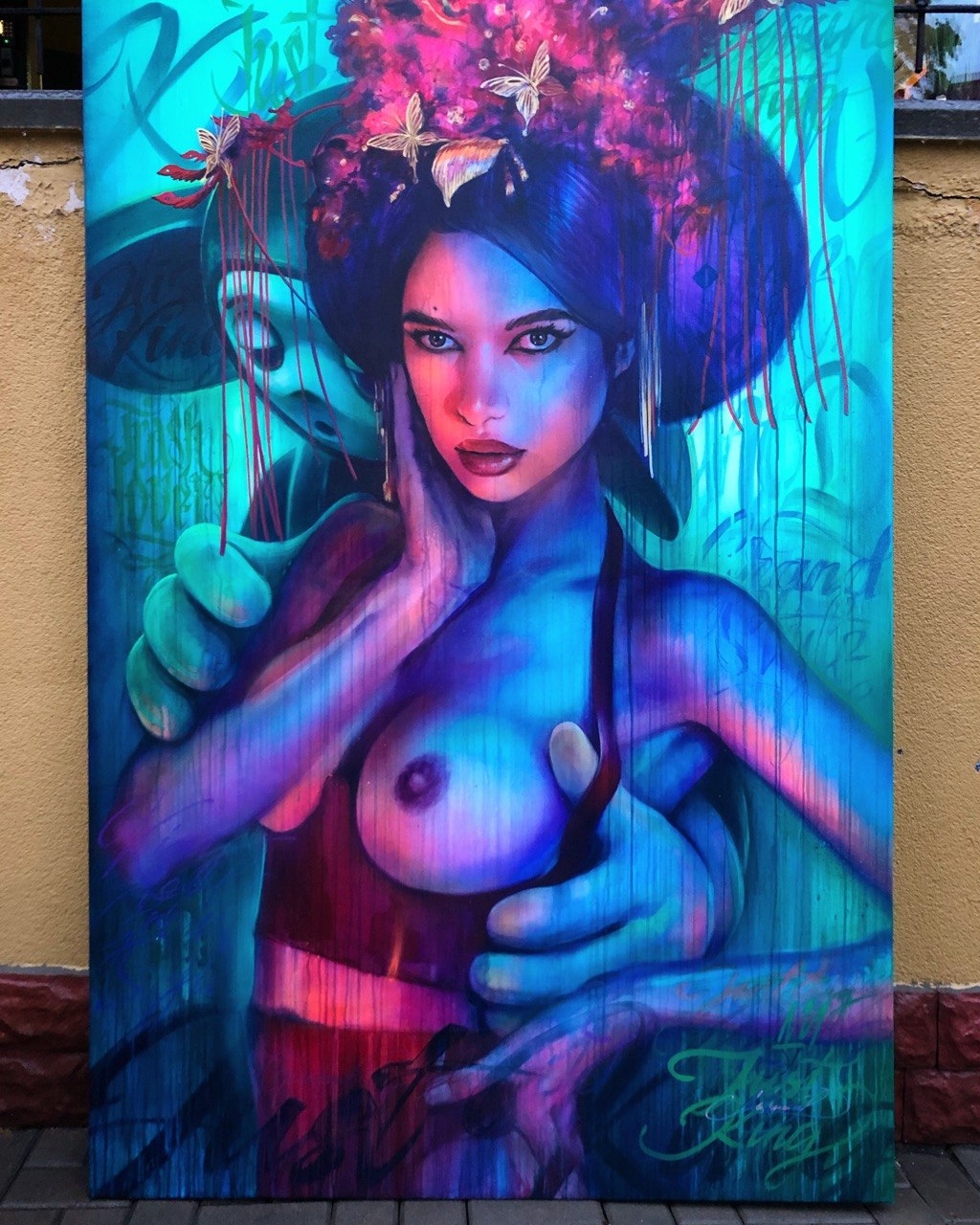Geisha, in cyan — Spray and oil on canvas