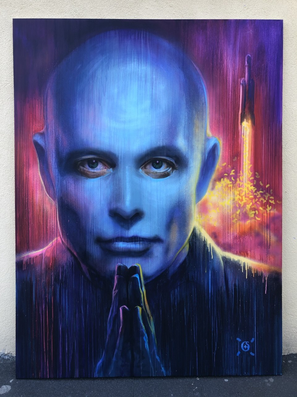 Blue monk, with rocket — Spray and oil on canvas